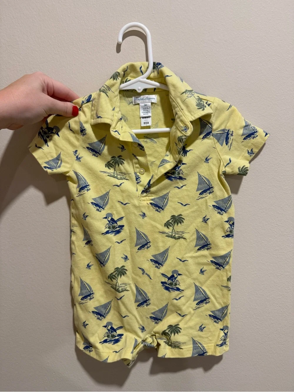 Polo Ralph Lauren Baby Boy 9M Polo Bear Sailboat Tropical Romper Yellow